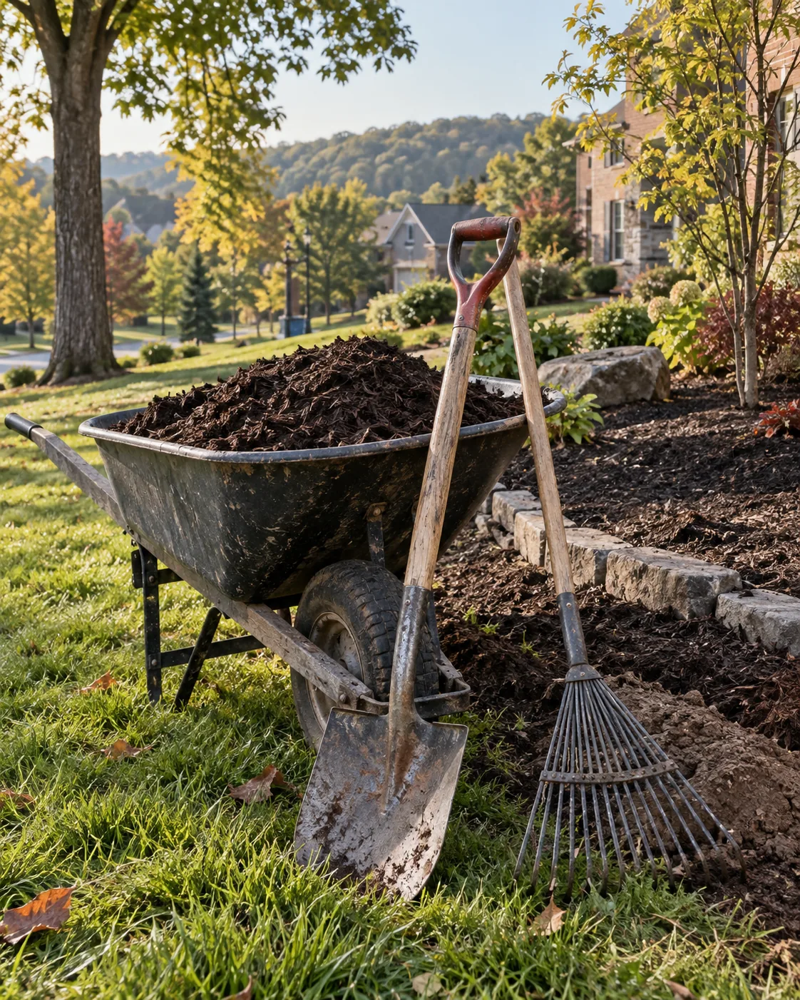 Wheelbarrow and hand tools at the edge of a landscaping job in Pittsburgh