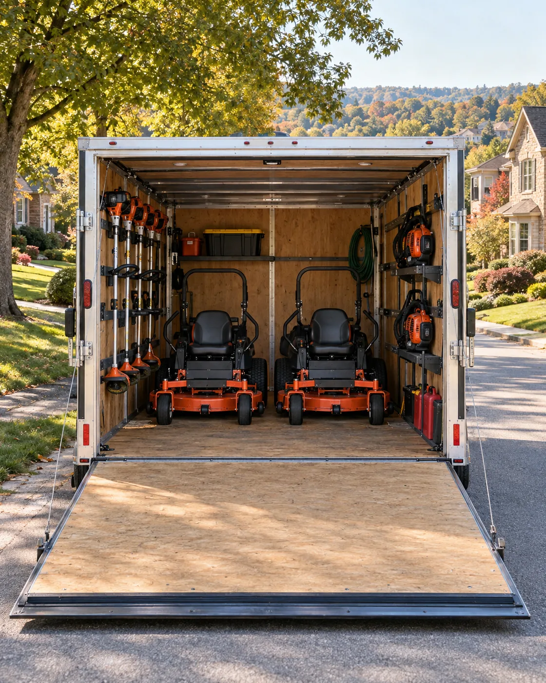Landscaping trailer and mowers parked at a Pittsburgh job site