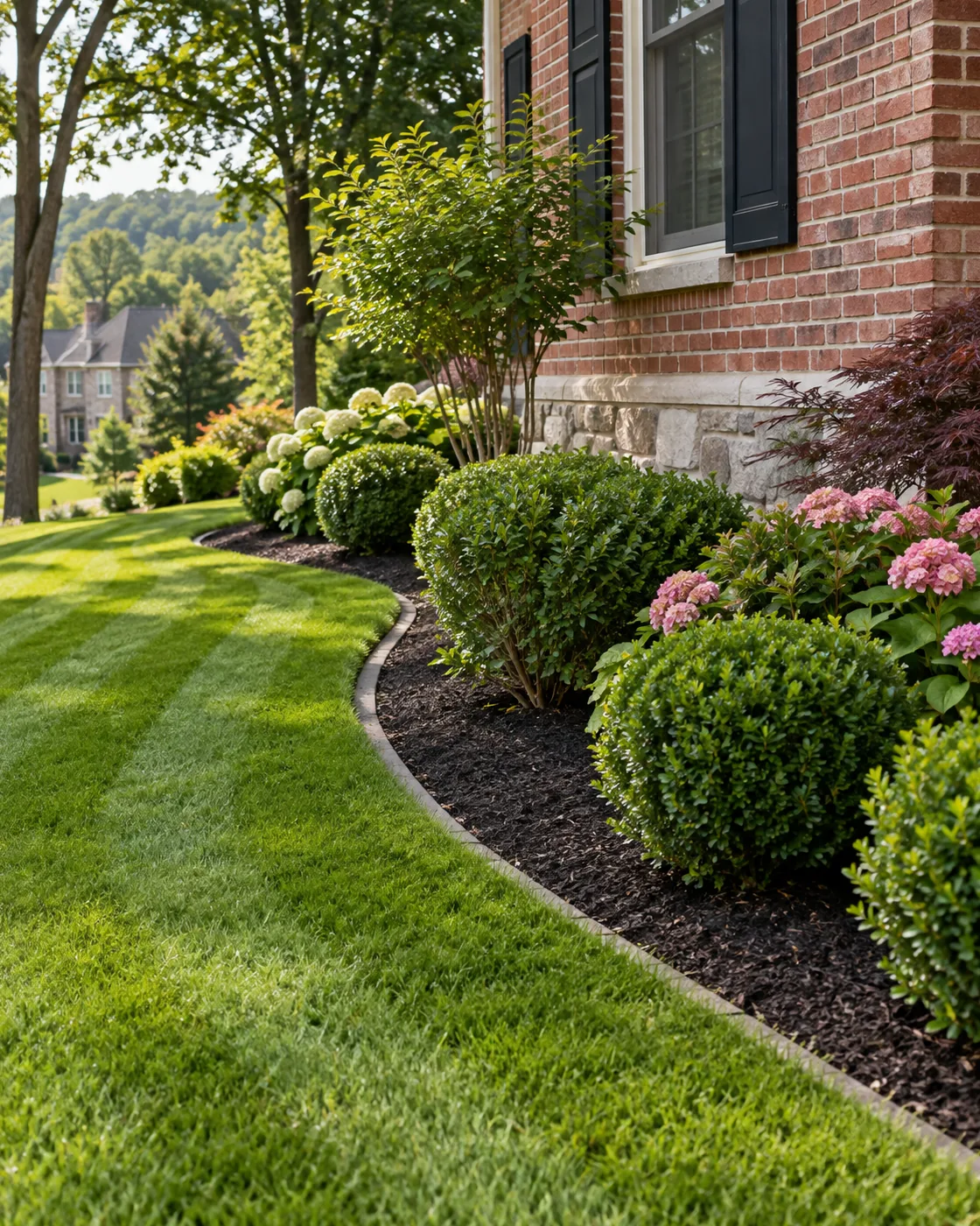 Curved mulch bed and trimmed shrubs along a Pittsburgh, PA home