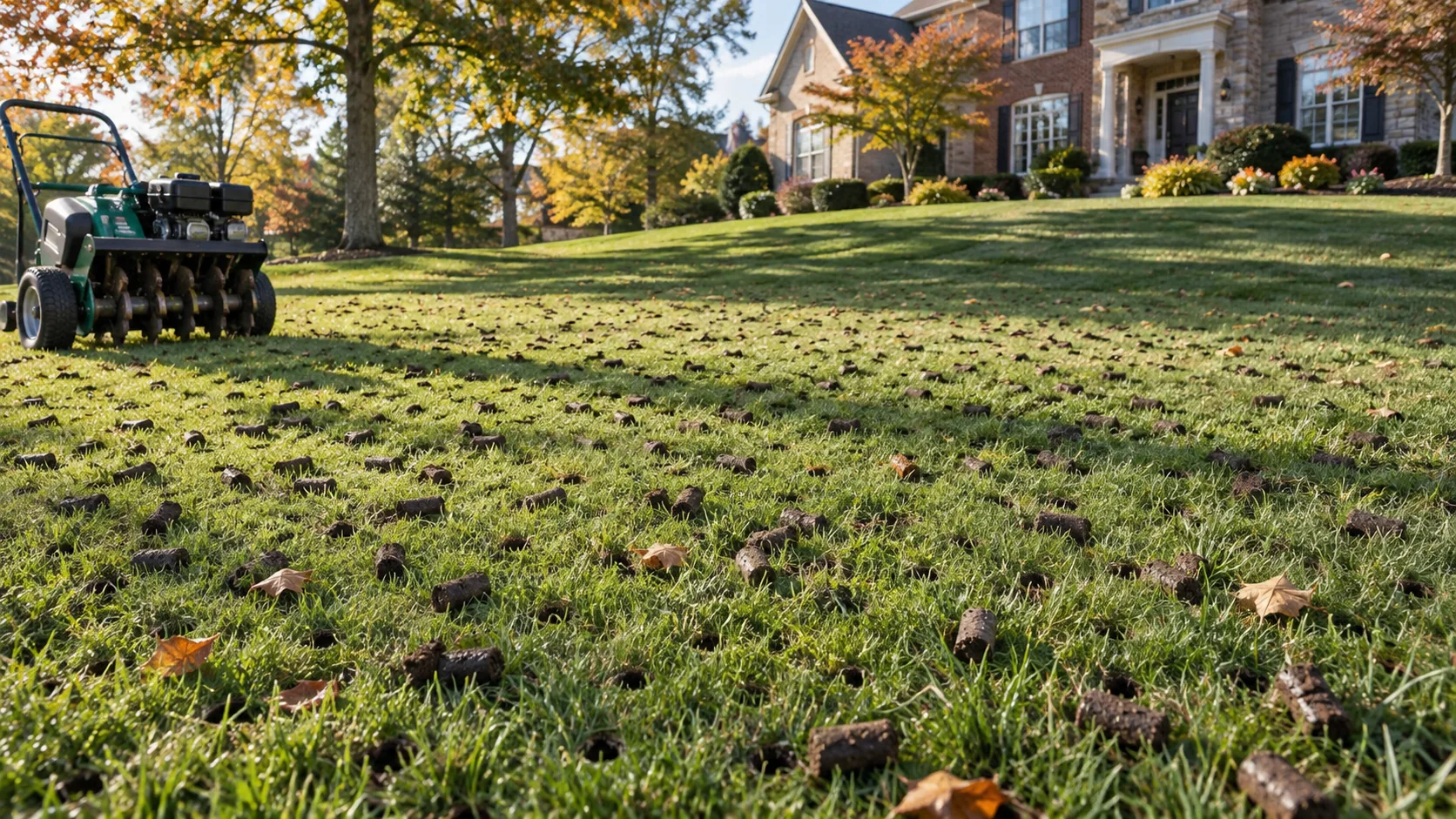 Soil cores across a lawn after core aeration