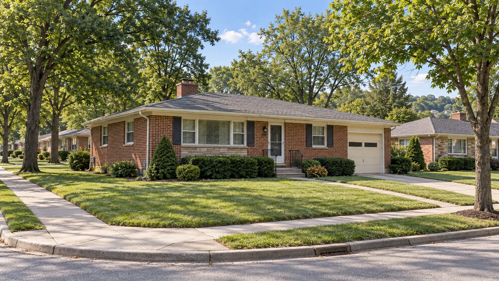 Brick ranch home and trimmed front lawn in Bethel Park, PA
