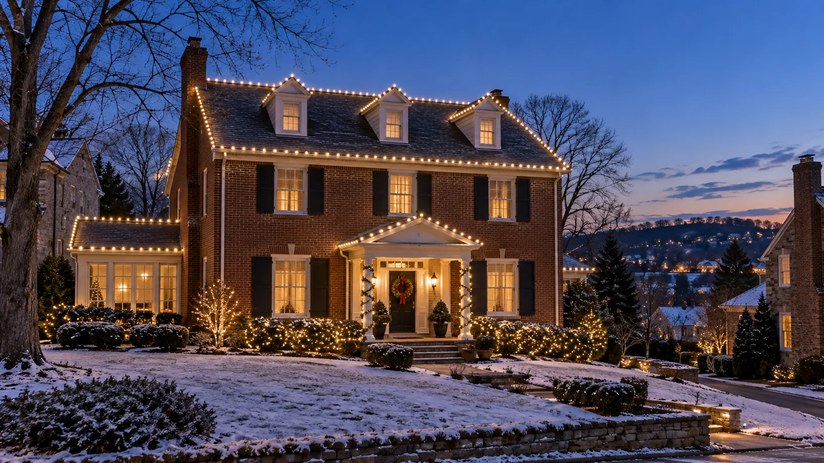 Home outlined in warm white Christmas lights at dusk