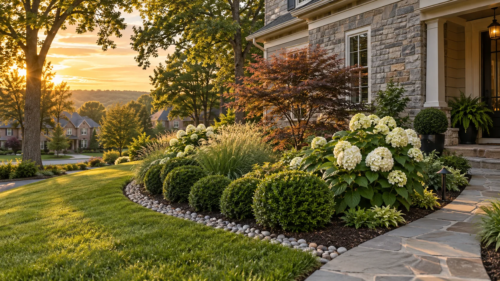 Newly planted landscape bed beside a stone walkway
