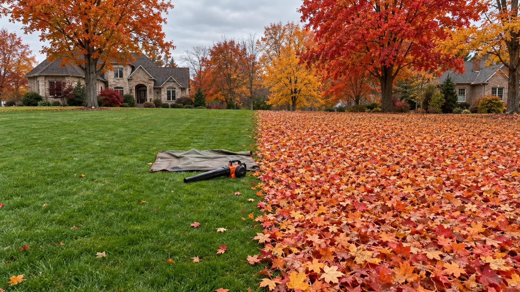 Autumn leaves being cleared from a residential lawn