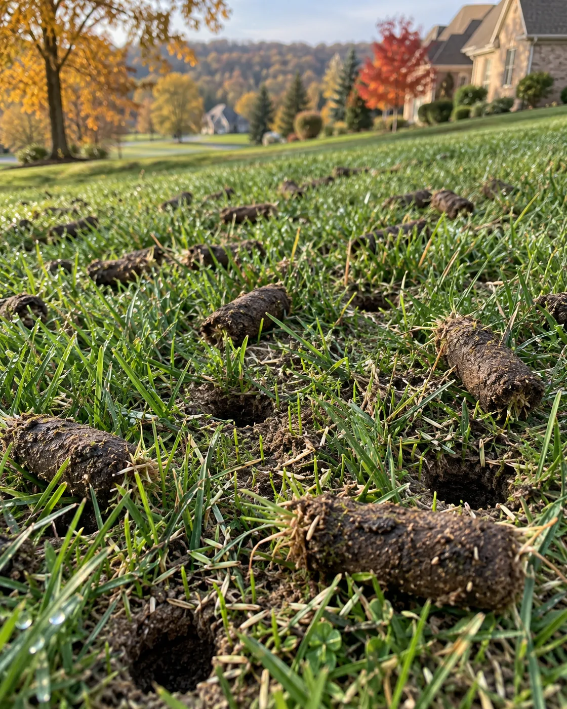 Close view of soil cores and new grass seedlings coming in