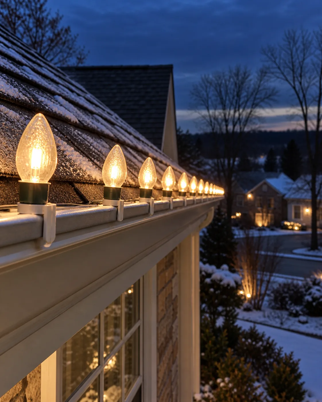 Warm white C9 bulbs clipped in a straight line along a roofline