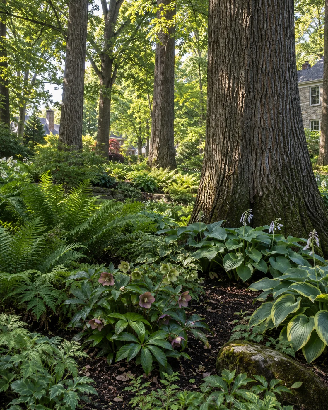 Shade planting bed at the woodland edge of a Fox Chapel property
