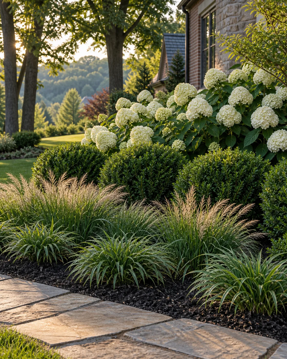 Layered shrub and perennial planting along a stone walkway