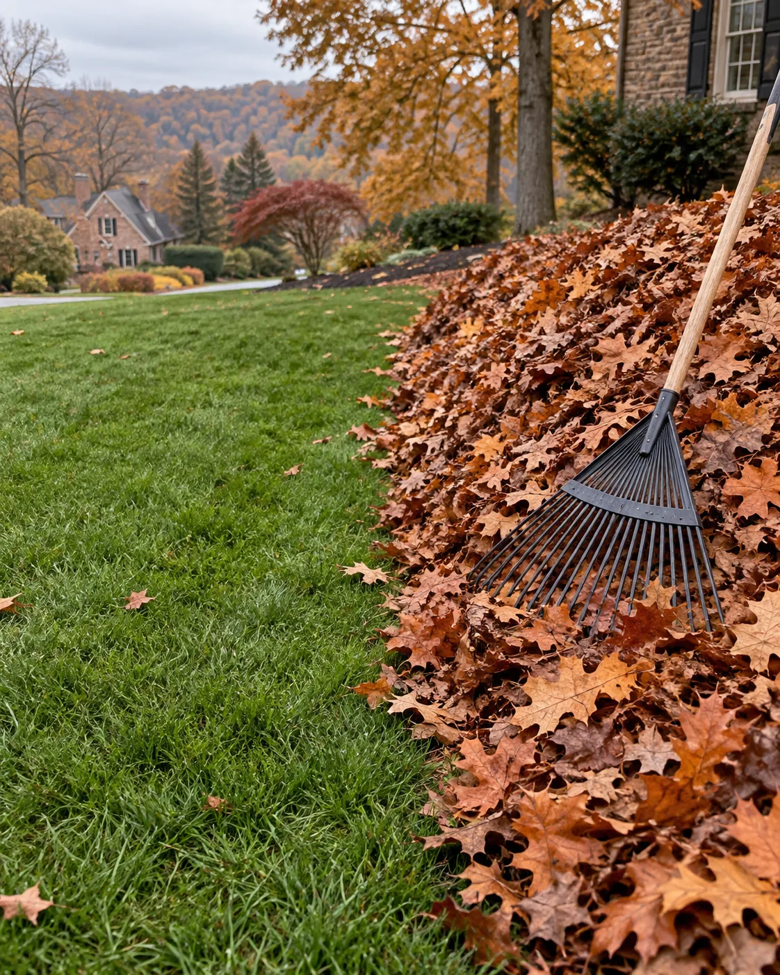 Cleared lawn edge beside a pile of raked autumn leaves