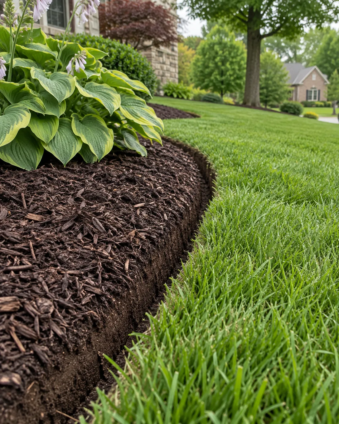 Hand-cut spade edge separating dark mulch from green lawn