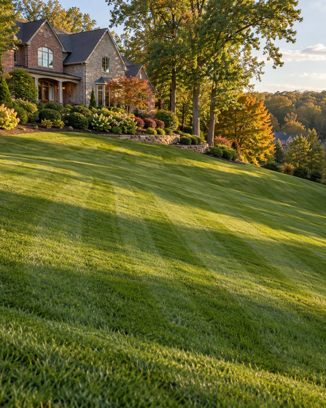 Sloped residential lawn and planting beds in Upper St. Clair, PA