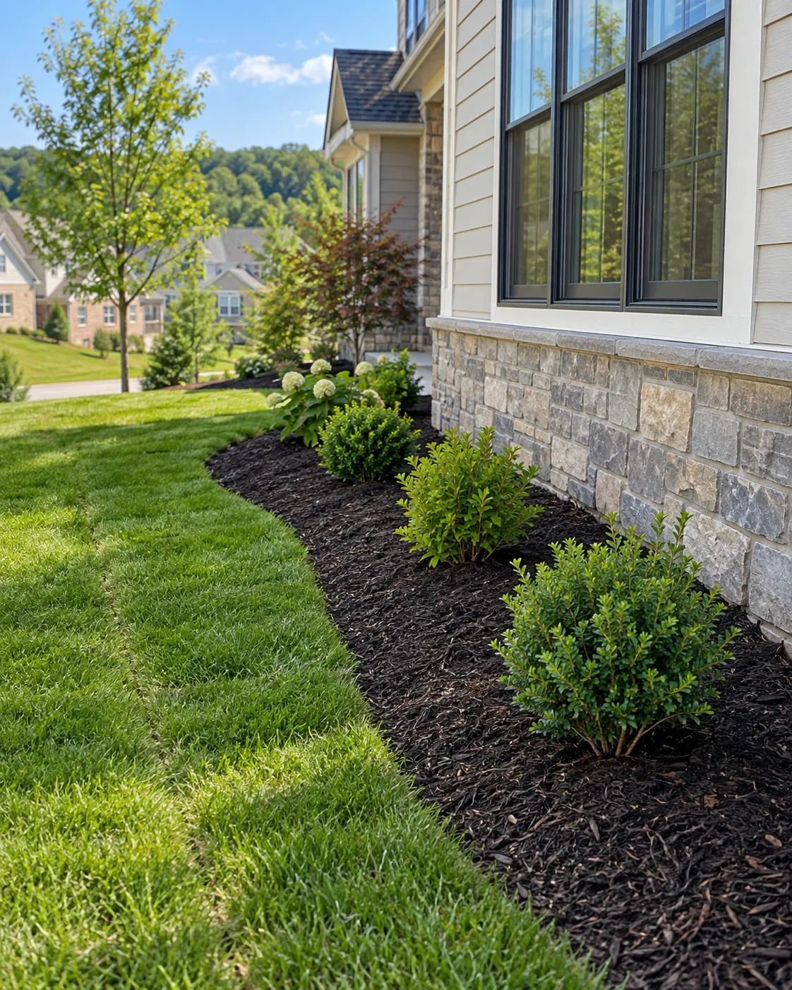Young shrub planting and fresh mulch bed at a Wexford, PA home