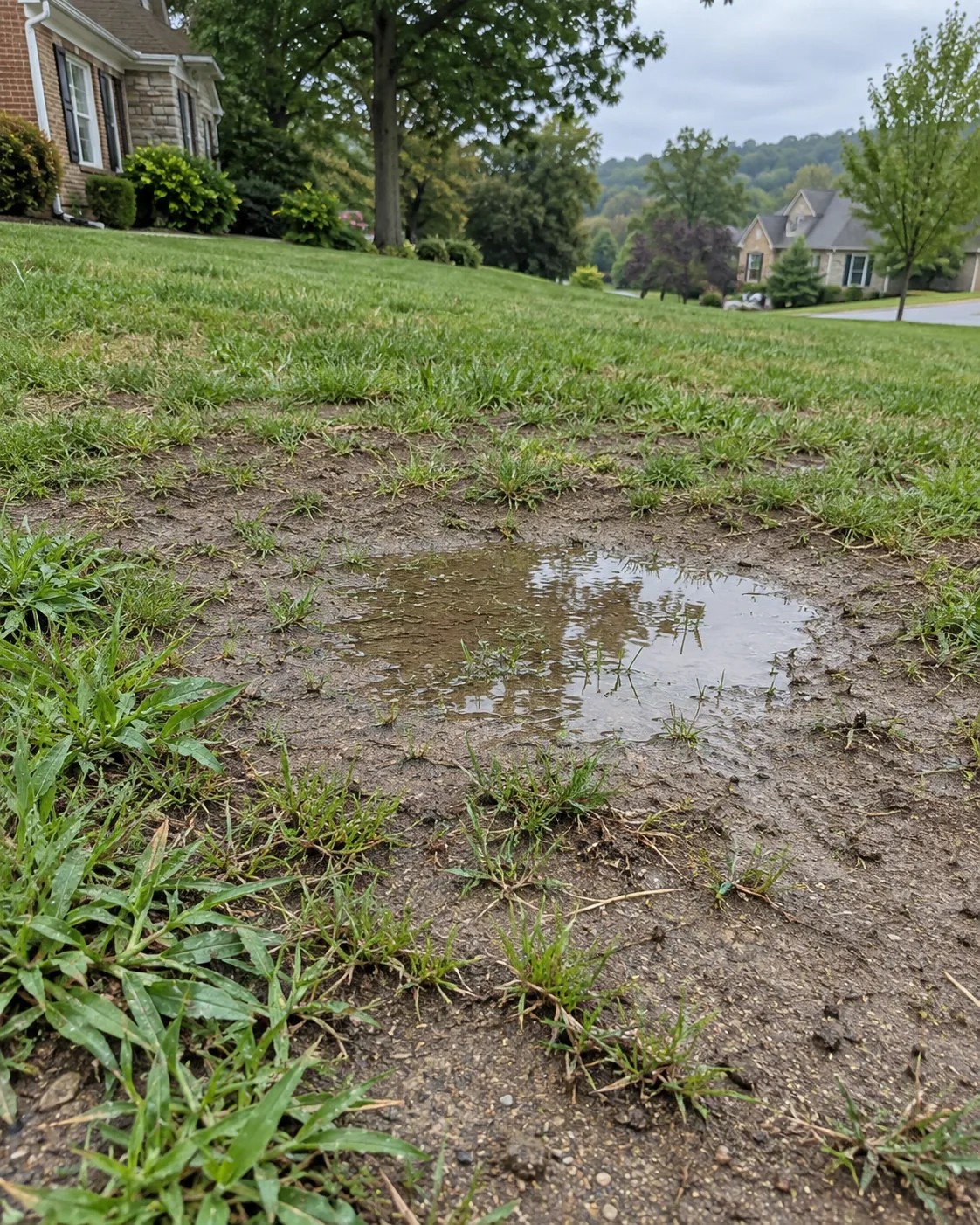Thin patchy turf showing compacted bare soil