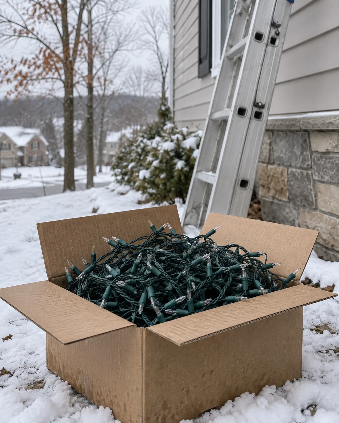 Tangled string lights and a ladder against a house in winter
