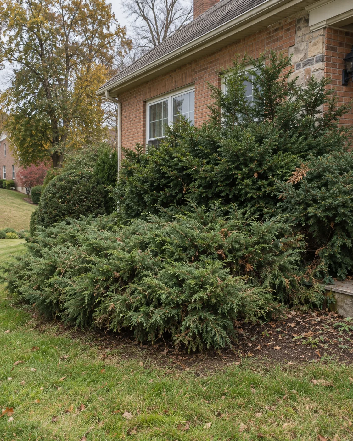 Overgrown foundation planting before a landscape redesign
