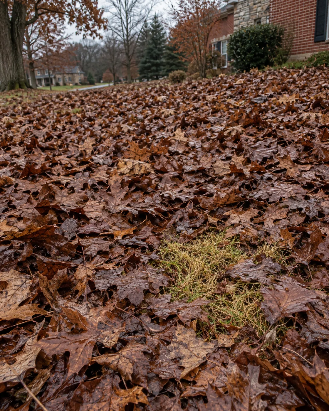 Wet matted leaves smothering turf on a lawn