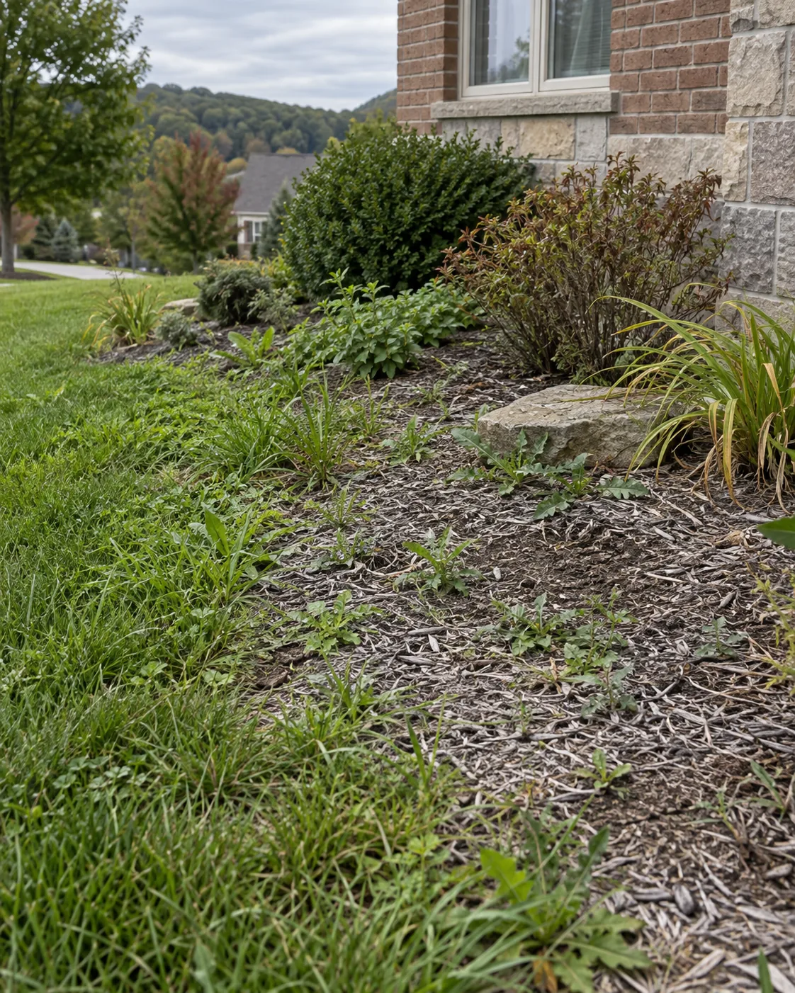 Faded washed-out mulch bed before a fresh installation