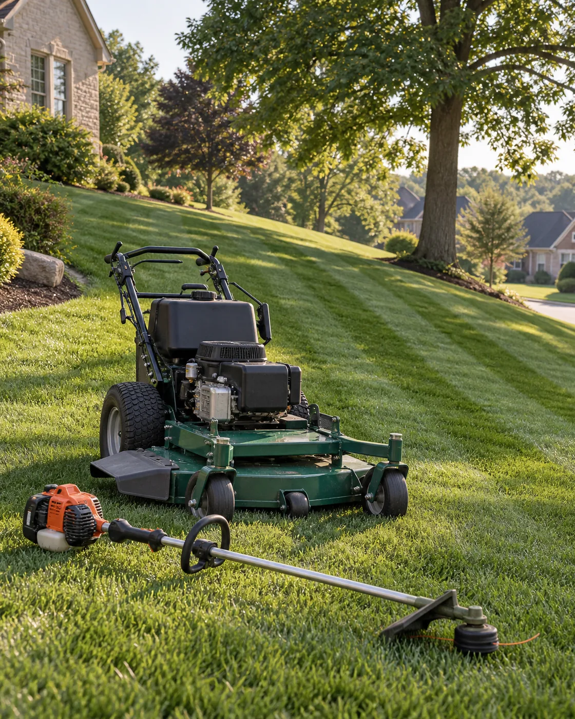 Landscaping equipment staged on a well-kept Pittsburgh lawn