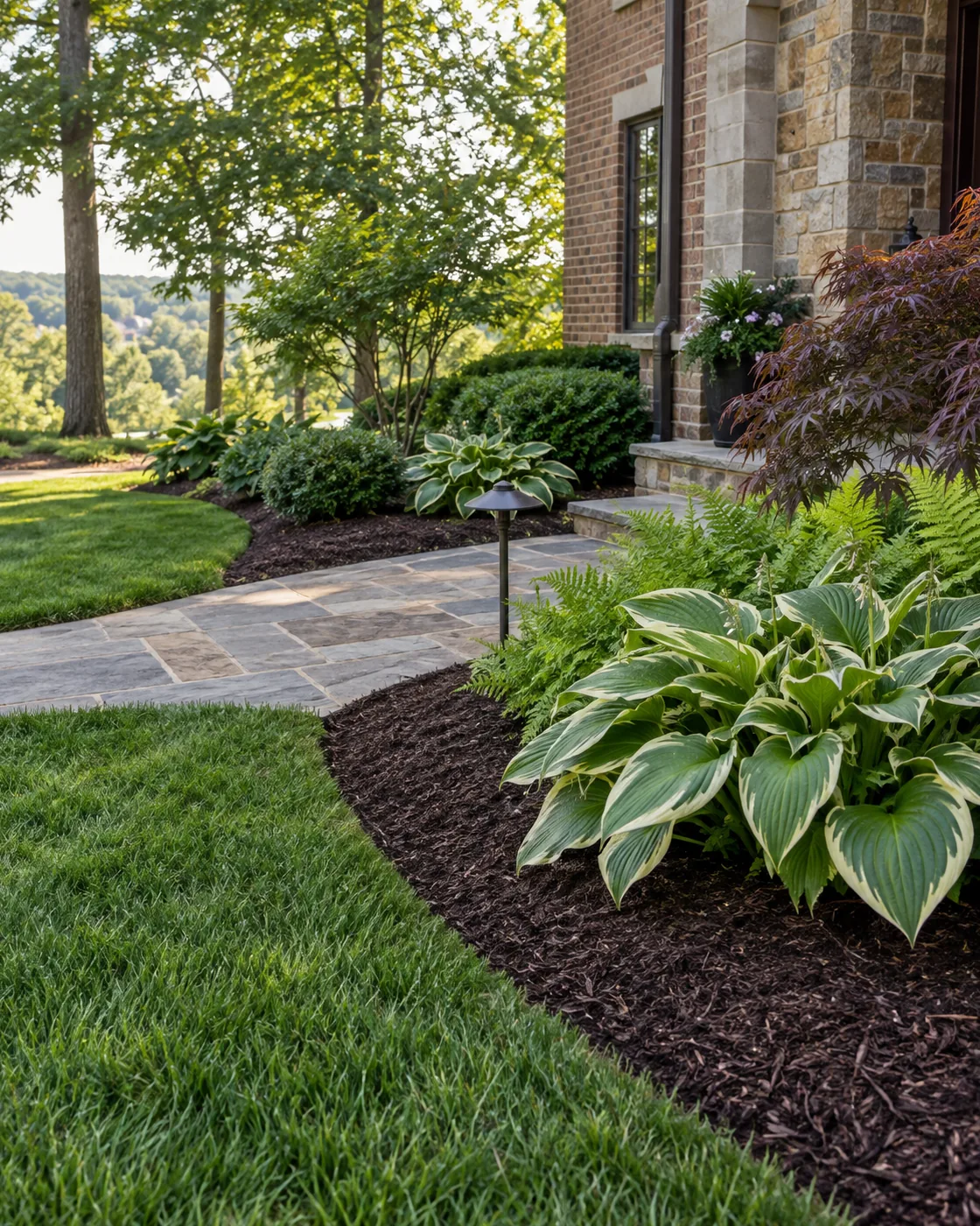 Neatly finished lawn edge and mulch bed after a service visit